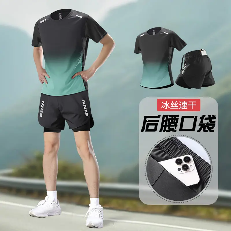 Running Gear For Your Phone - ชุดวิ่งฤดูร้อนสำหรับผู้ชายพร้อมกางเกงขาสั้นมีกระเป๋าใส่โทรศัพท์ - อุปกรณ์ฝึกซ้อมมาราธอนระดับโปร ชุดออกกำลังกายระบายอากาศแห้งเร็วสำหรับฟิตเนส