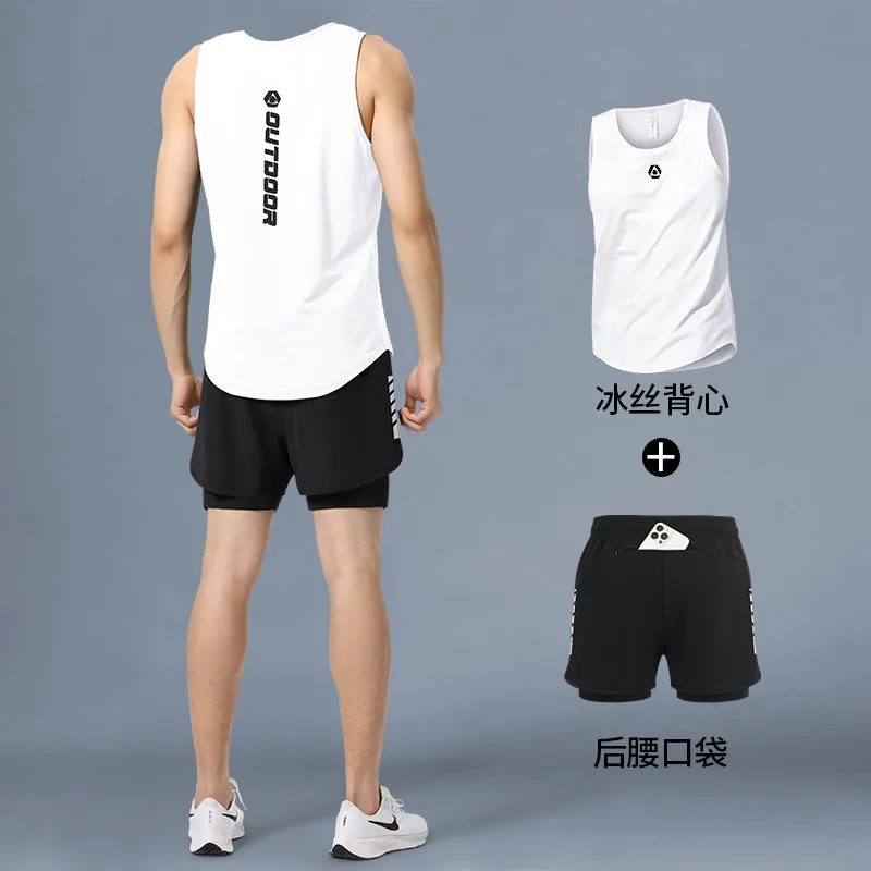 Running Gear Tank - ชุดเสื้อกล้ามและกางเกงขาสั้นผ้าไอซ์ซิลค์สำหรับผู้ชาย - ชุดวิ่งแห้งเร็วสำหรับฤดูร้อน - ชุดกีฬาระบายอากาศสำหรับออกกำลังกายและเล่นบาสเก็ตบอล