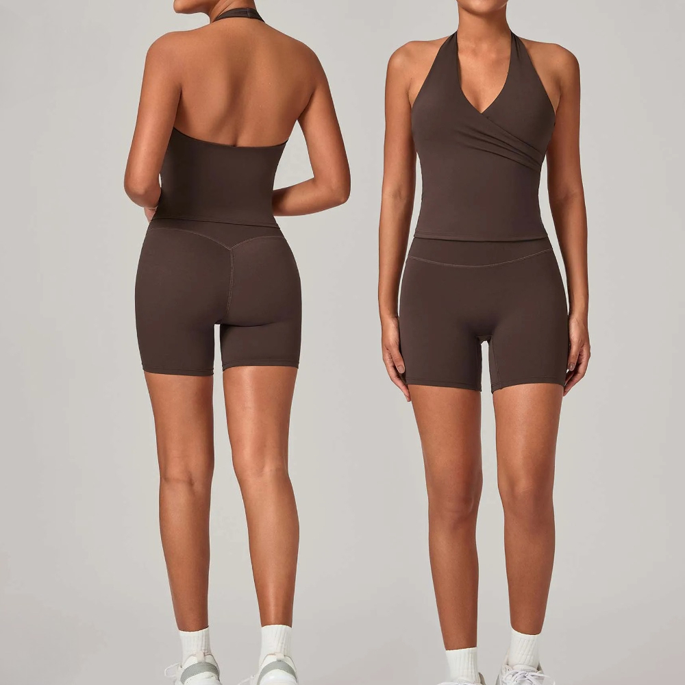 Running Gear Woman - ชุดออกกำลังกายผู้หญิง 2 ชิ้น เสื้อกล้ามคอวีแบบผูกเอว พร้อมกางเกงขาสั้นโยคะเอวสูง ช่วยยกสะโพก