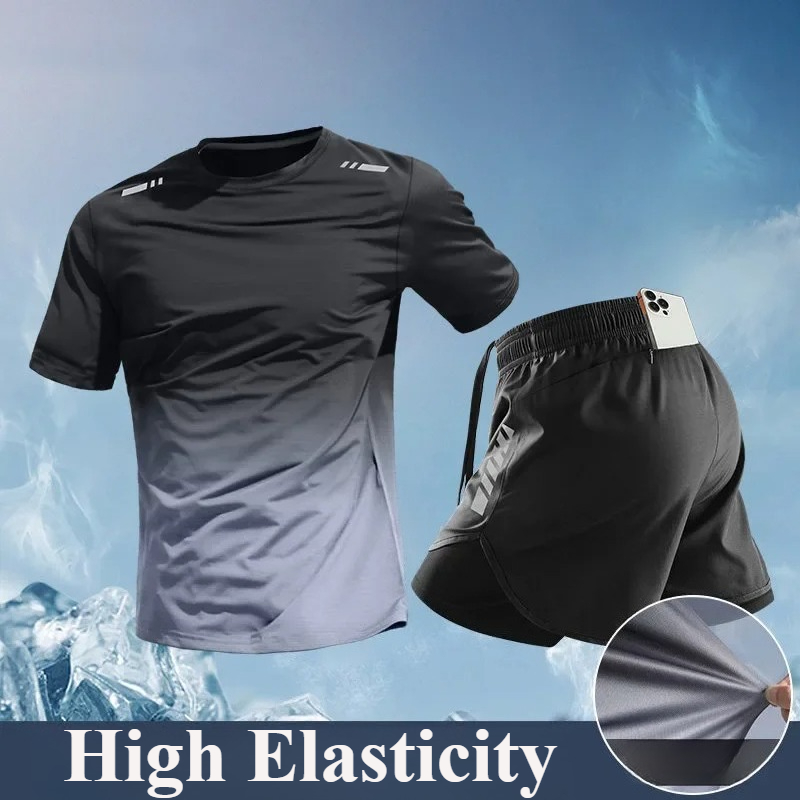 Running Gear For Your Phone - ชุดวิ่ง 2 ชิ้นสำหรับผู้ชายมาราธอน: เสื้อยืดผ้าไหมน้ำแข็งแห้งเร็วและกางเกงขาสั้นออกกำลังกายพร้อมช่องใส่โทรศัพท์ – อุปกรณ์ออกกำลังกายระดับมืออาชีพ